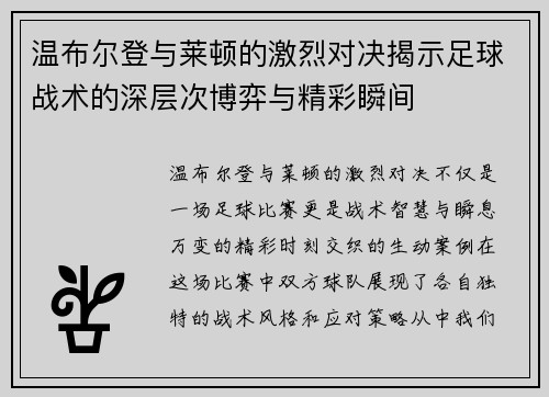 温布尔登与莱顿的激烈对决揭示足球战术的深层次博弈与精彩瞬间